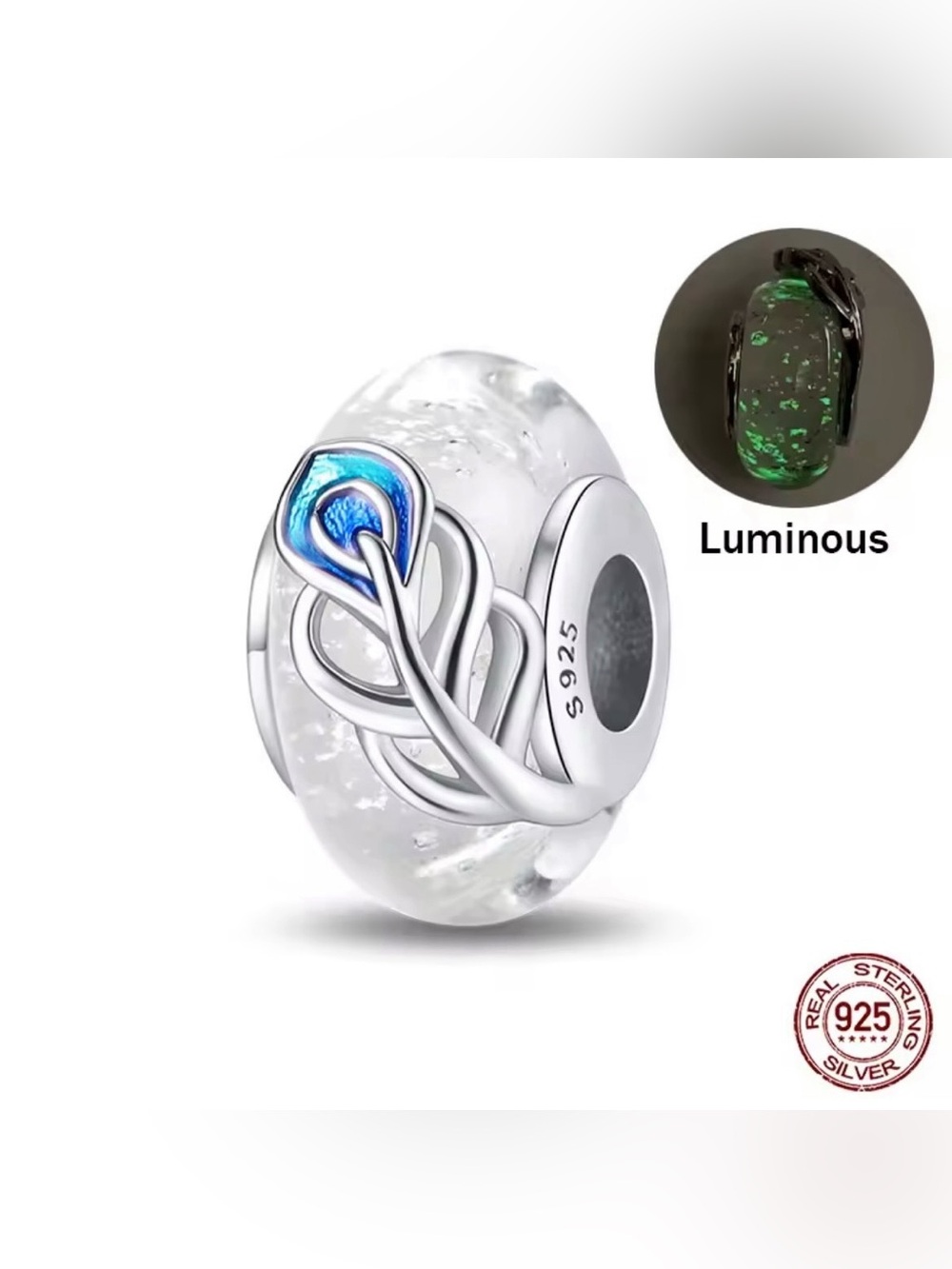 Peacock Feather Glow In The Dark Murano Glass Charm Bead | Sterling Silver